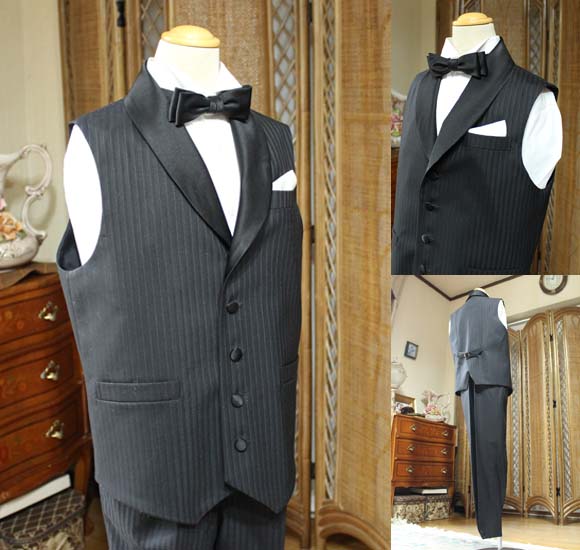ジャケットベスト シルク混合 ウール ブラック ストライプ ショールカラー