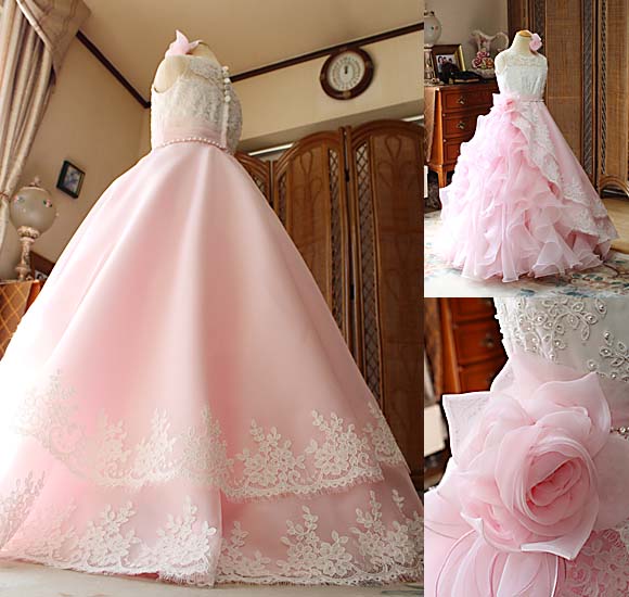 ベビーピンクのティアードデザイン 高級リバレース ステージドレス