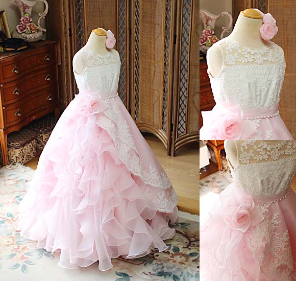 ピアノのコンペティションドレス ベビーピンクとオフホワイト オーダーメイド 東京